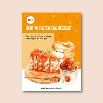 Salted egg Poster design with crepe cake, pancake watercolor illustration. Illustrazione stock