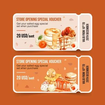 Salted egg voucher design with cake, toast, crepe cake watercolor illustratio Illustrazione stock