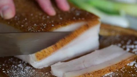 Salted fatback slicing Stock Footage 132137889