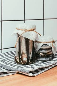 Salted fish jars wrapped strings Foto stock