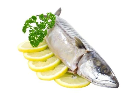 Salted mackerel with lemon on a white background Stock Photos