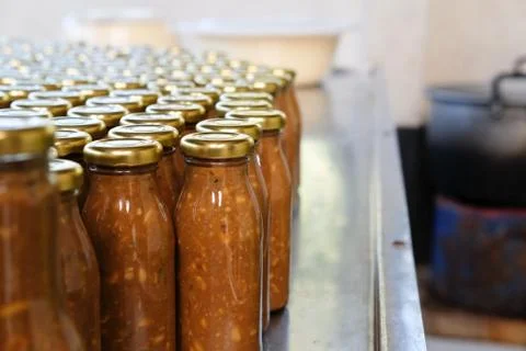 Salted soybean paste in bottle. soy production Stock Photos