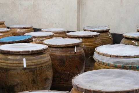 Salted soybean paste in jar. soy miso production Stock-Fotos