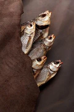 Salted sun-dried roach covered with genuine leather flap Stock Photos