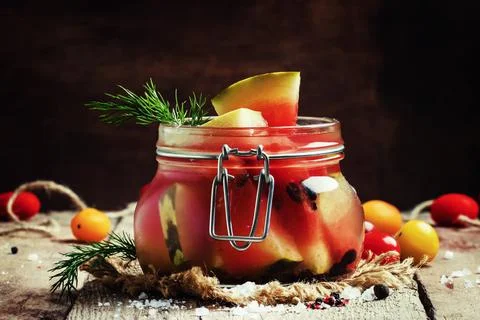 Salted watermelon, rustic style, selective focus Foto stock