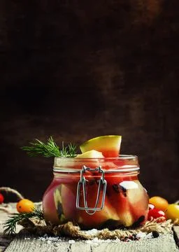 Salted watermelon, rustic style, selective focus Stock Photos