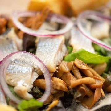 Salty appetizer. Pieces of herring fish with onions and pickled mushrooms. Close Stock Photos