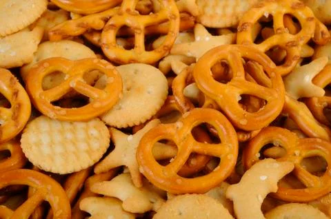 Salty cracker and pretzel Stock Photos