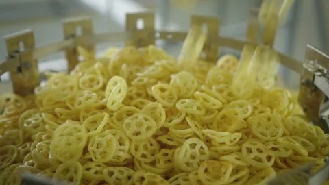 Salty snack chips falling in industrial food processing machine, close-up of 動画素材 333274755