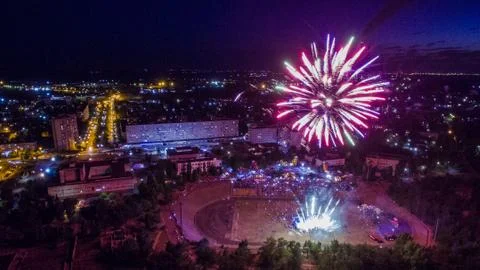 Salute top view. Firework view from above Stock Photos