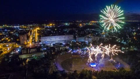 Salute top view. Firework view from above Stock Photos