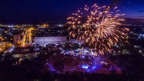 Salute top view. Firework view from above Stock Photos