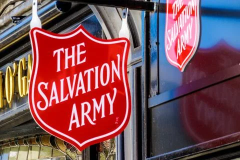 Salvation Army sign countries with charity shops, operating homeless shelters Stock Photos