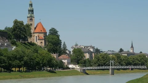 Salzach River looking towards the Müllner Steg Bridge in Altstadt (Old Town) Stock Footage 112157663