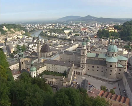 SALZBURG, AUSTRIA - high angle view + pan historic city center altstadt Stock Footage 34292253