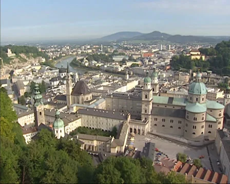 SALZBURG, AUSTRIA - high angle view at historic city center altstadt Stock Footage 34292488