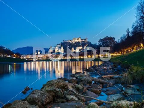Salzburg at night, near river Salzach Stock Photos