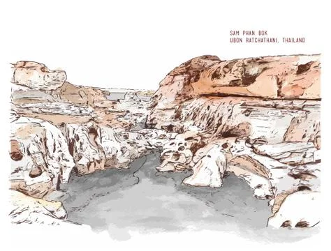 Sam phan bok, hand drawn sketching water color line art illustration. Stock Illustration