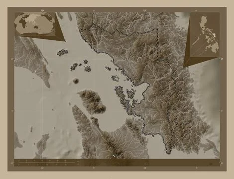 Samar, Philippines. Elevation map colored in sepia tones with lakes and river 스톡 일러스트