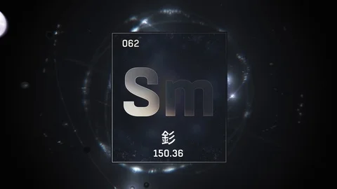 Samarium as Element 62 of the Periodic Table 3D animation on silver background Video stock 126455740