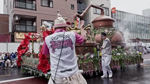 Samba Carnival Float with Perfume Bottles and Dancer at Asakusa Parade Stock Footage 345840521
