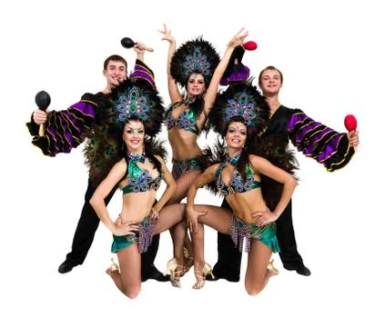 Samba dancer team dancing isolated on white in full length Stock Photos