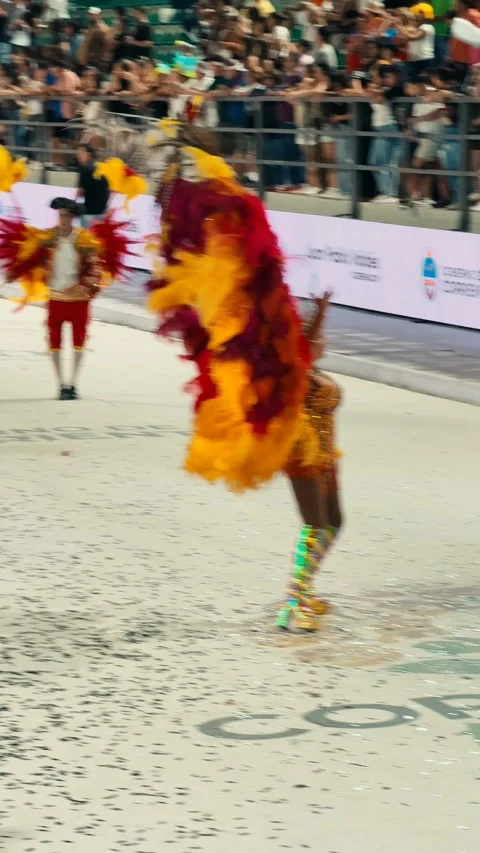 Samba dancers marching at Corrientes Carnival night parade. February 28, 2026. Stock Footage 330061142