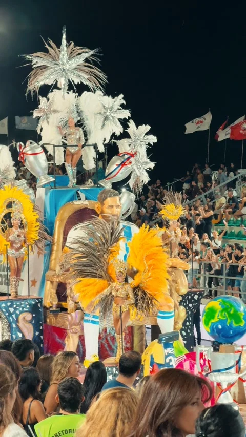 Samba dancers marching at Corrientes Carnival night parade. February 28, 2026. Stock Footage 330062169