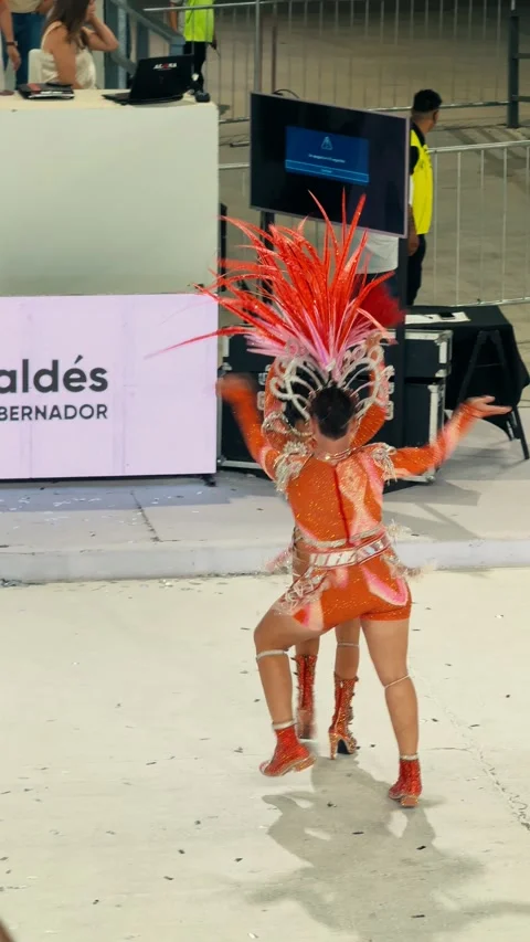 Samba dancers marching at Corrientes Carnival night parade. February 28, 2026. Stock Footage 330062212