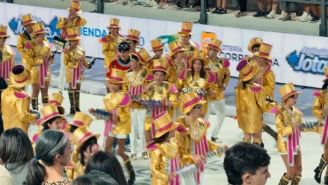 Samba dancers marching at Corrientes Carnival night parade. February 28, 2026. Stock Footage 330064785
