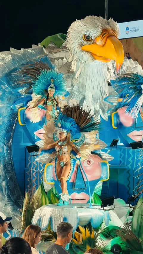 Samba dancers marching at Corrientes Carnival night parade. February 28, 2026. Stock Footage 330065704