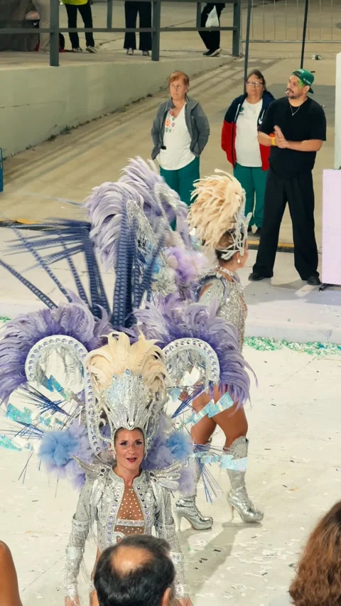 Samba dancers marching at Corrientes Carnival night parade. February 28, 2026. Stock Footage 330066971