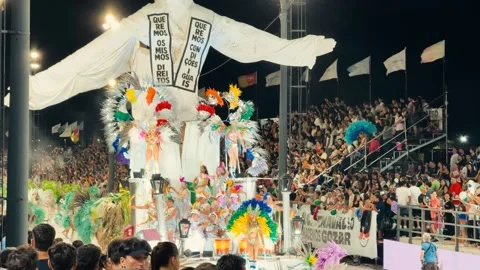 Samba dancers marching at Corrientes Carnival night parade. February 28, 2026. Stock Footage 330067194