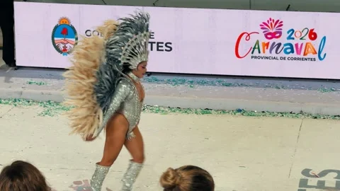 Samba dancers marching at Corrientes Carnival night parade. February 28, 2026. Stock Footage 330067399
