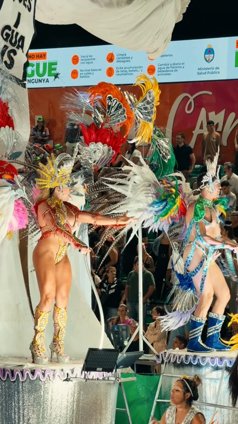 Samba dancers marching at Corrientes Carnival night parade. February 28, 2026. Stock Footage 330067706