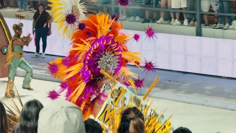 Samba dancers marching at Corrientes Carnival night parade. February 28, 2026. Stock Footage 330069617