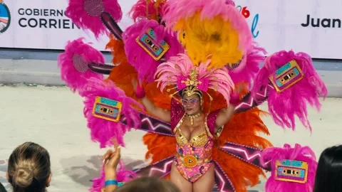 Samba dancers marching at Corrientes Carnival night parade. February 28, 2026. Stock Footage 330070322