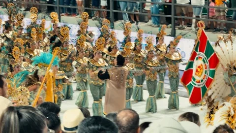 Samba dancers marching at Corrientes Carnival night parade. February 28, 2026. Stock Footage 330071806