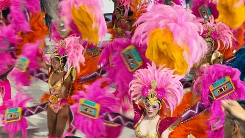 Samba dancers marching at Corrientes Carnival night parade. February 28, 2026. Stock Footage 330071951