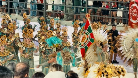 Samba dancers marching at Corrientes Carnival night parade. February 28, 2026. Stock Footage 330072194