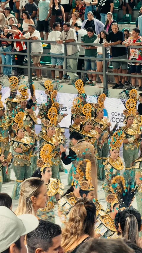 Samba dancers marching at Corrientes Carnival night parade. February 28, 2026. Stock Footage 330072885