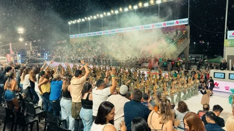 Samba dancers marching at Corrientes Carnival night parade. February 28, 2026. Stock Footage 330072953