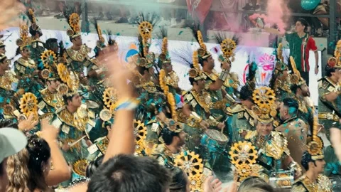 Samba dancers marching at Corrientes Carnival night parade. February 28, 2026. Stock Footage 330073177