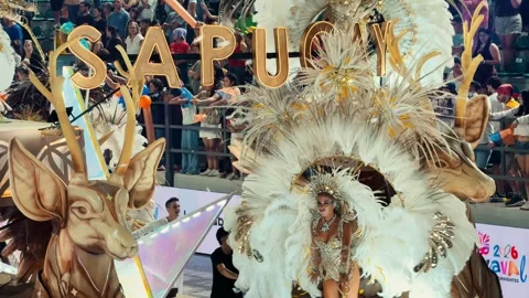 Samba dancers marching at Corrientes Carnival night parade. February 28, 2026. Stock Footage 330073428