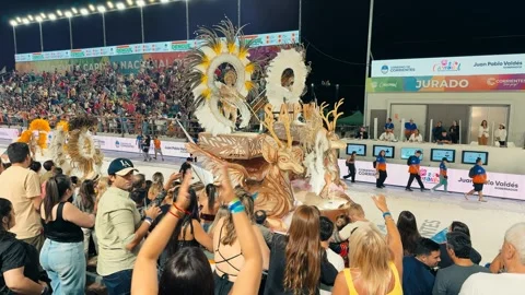 Samba dancers marching at Corrientes Carnival night parade. February 28, 2026. Stock Footage 330073511