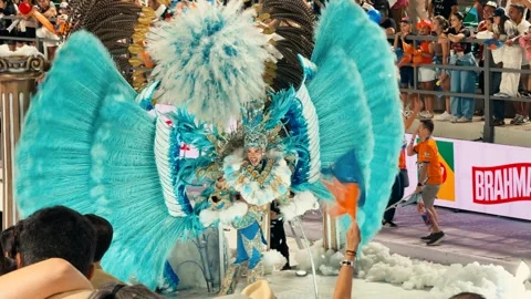 Samba dancers marching at Corrientes Carnival night parade. February 28, 2026. Stock Footage 330073949