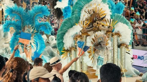 Samba dancers marching at Corrientes Carnival night parade. February 28, 2026. Stock Footage 330074220