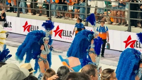 Samba dancers marching at Corrientes Carnival night parade. February 28, 2026. Stock Footage 330074377