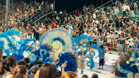 Samba dancers marching at Corrientes Carnival night parade. February 28, 2026. Stock Footage 330074498