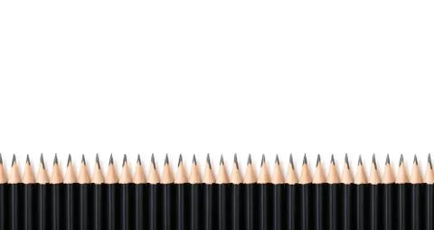 The same black bold pencils standing in row like a crowd on white background Stock Photos